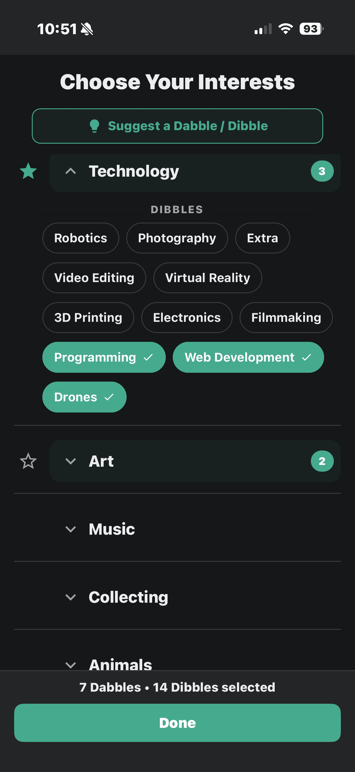 Dabbler onboarding view where users select their interests.